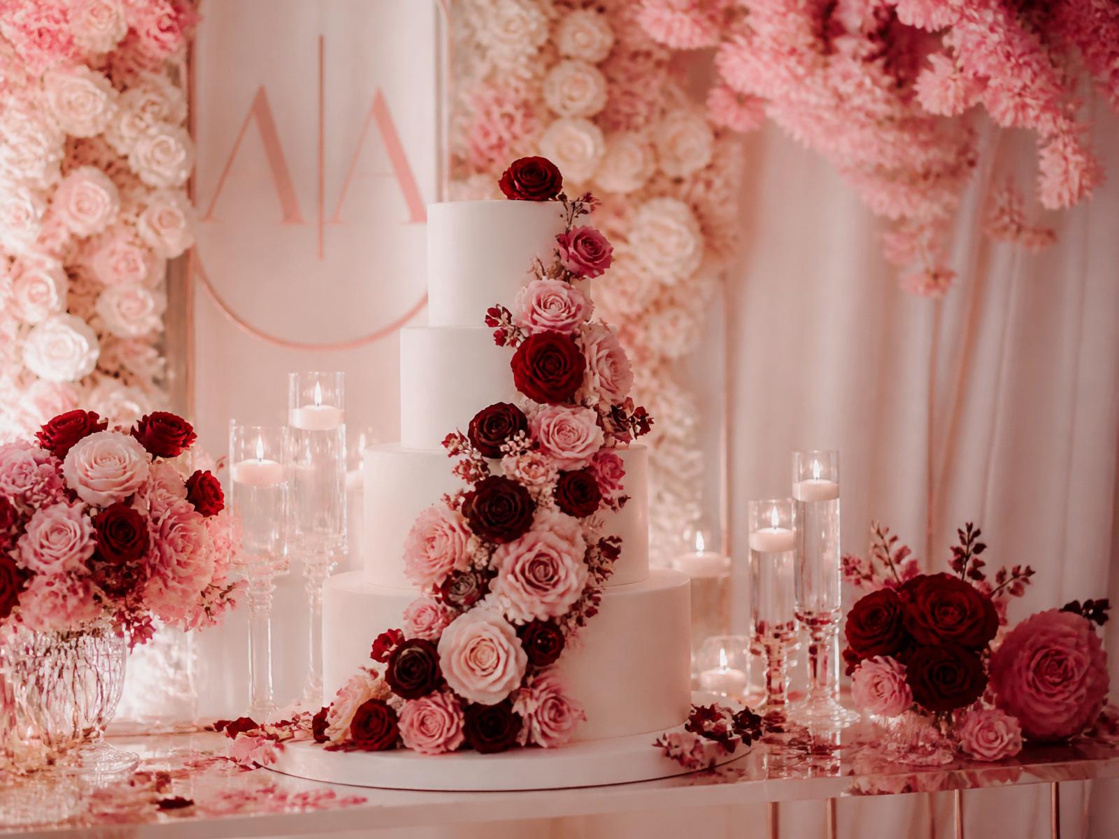 A tiered white cake draped in pink and red roses against a rose floral backdrop